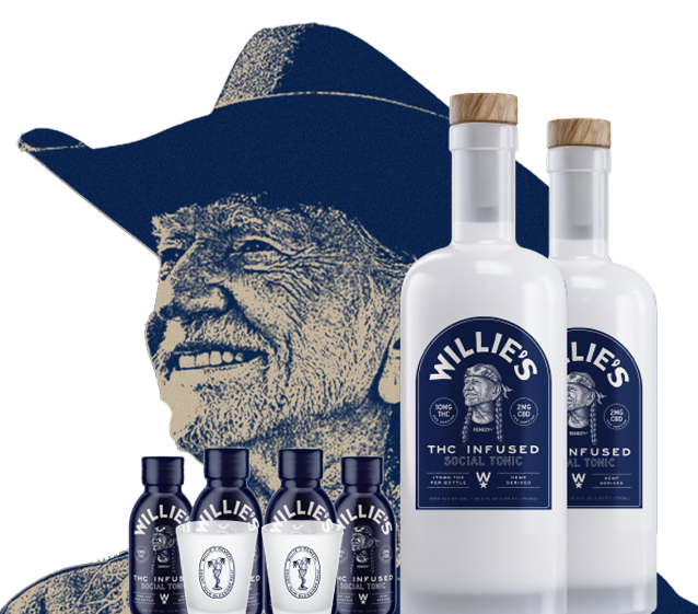Willie's THC social tonic bottle and Willie's & Soda cans inspired by Willie Nelson