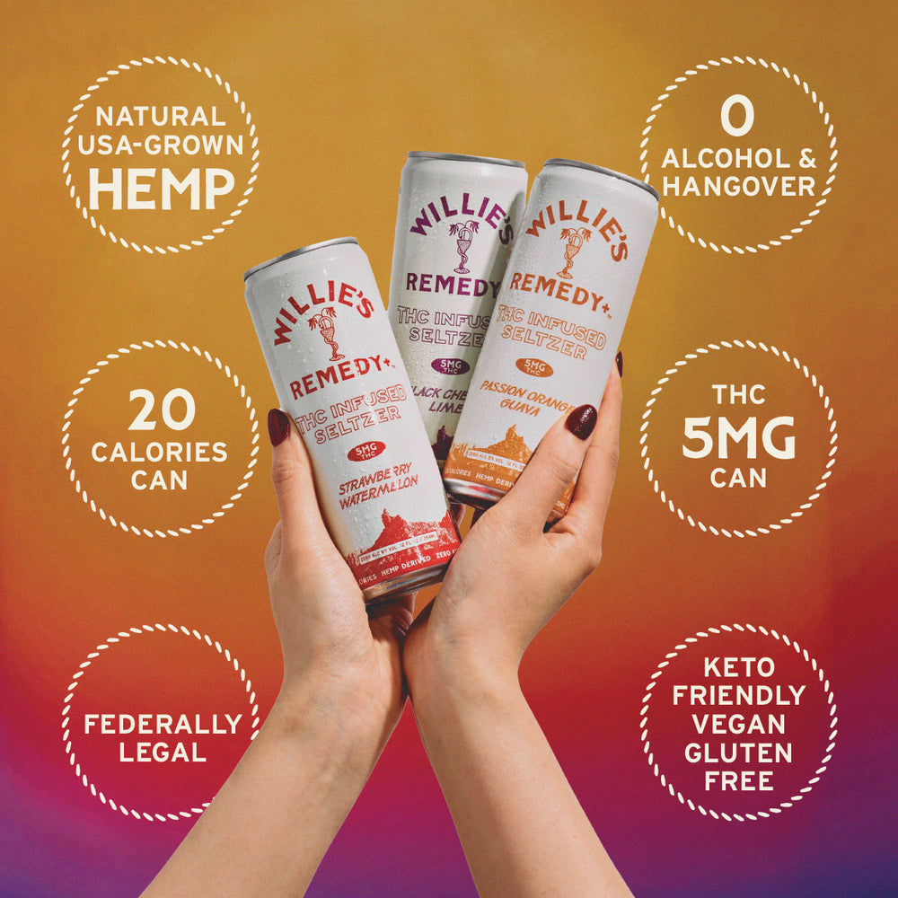 Willie's Remedy+ 5mg THC Infused Seltzer Variety 12 Pack Willie's Remedy+ 5mg THC Infused Seltzer Variety 12 Pack